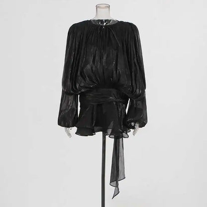 Women Flowy Mini Dress | V Neck | Long Sleeve | Spliced | Lace Up | Blouse Dress