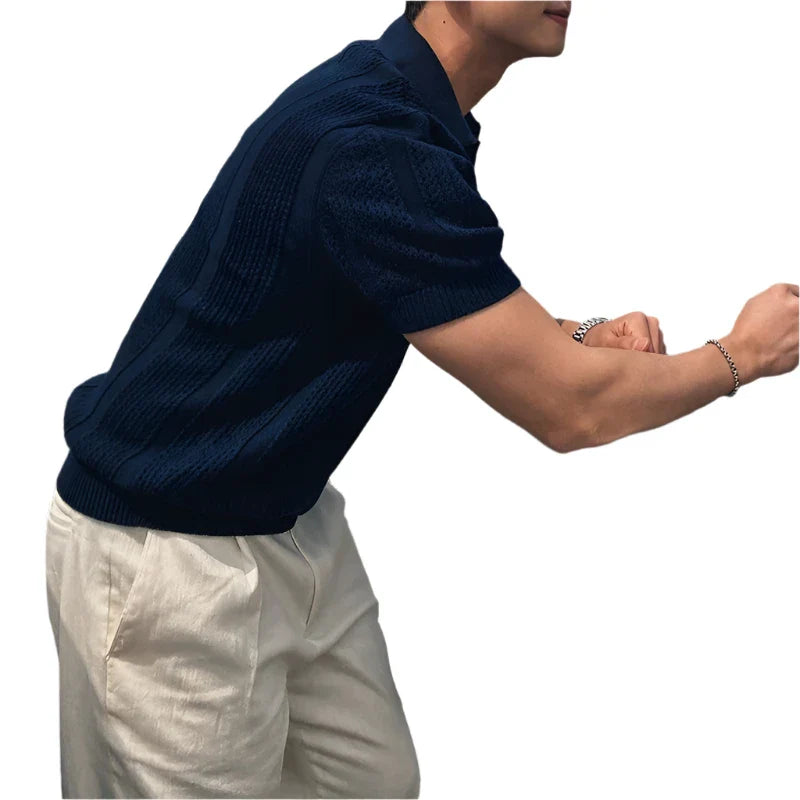 Men Knitted Polo Shirt | Hollow Out Knit | Short Sleeve Mesh Polo