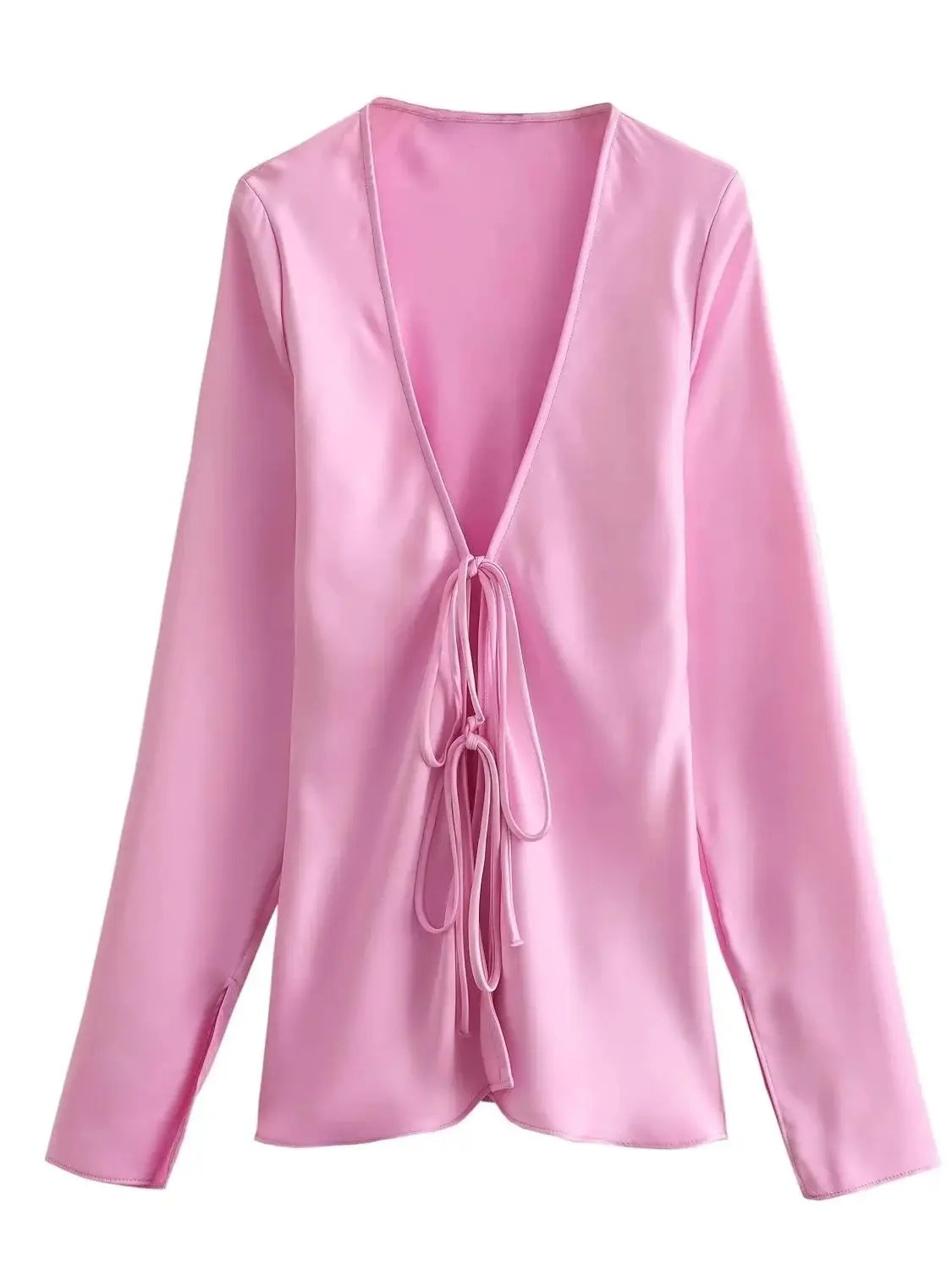Women Satin Loose Tie Bow Blouse | Long Sleeve Silk Casual Shirt Pink