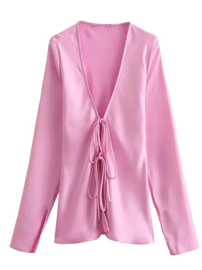 Women Satin Loose Tie Bow Blouse | Long Sleeve Silk Casual Shirt Pink