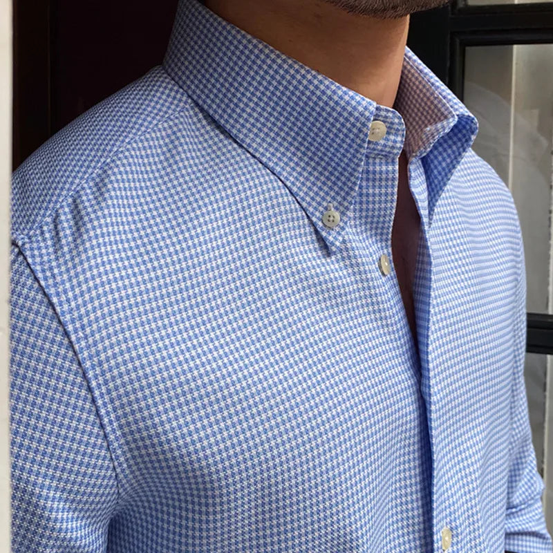 Men British Slim Shirt | Office Tuxedo Shirt | Business | Lattice Shirt | Cuban Collar | Long Sleeve Shirt