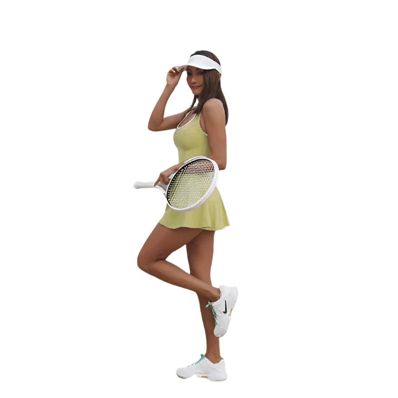 Women Tennis Dress | One-Piece Sports Dress | Slim Fit | Hollow Waist Mini Fitness Dress Green