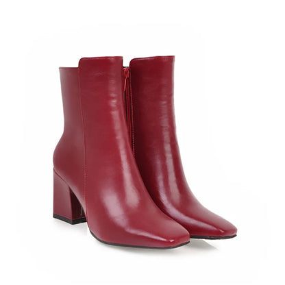 Women Winter Ankle Zipper Boots | High Block Heel Boots Dark Red