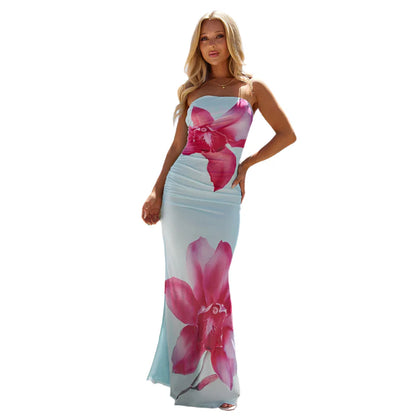 Women Flower Printed Long Dress | Vacation Off Shoulder Dress | Beach Dress blue
