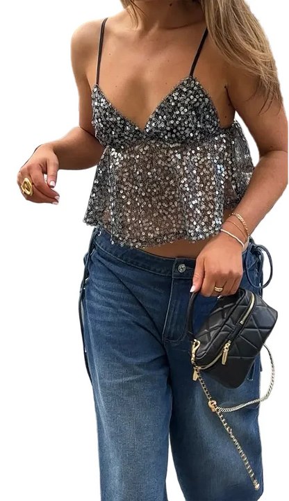 Women Sequin Patchwork Mesh Camisole | V-Neck | Backless Top | Summer