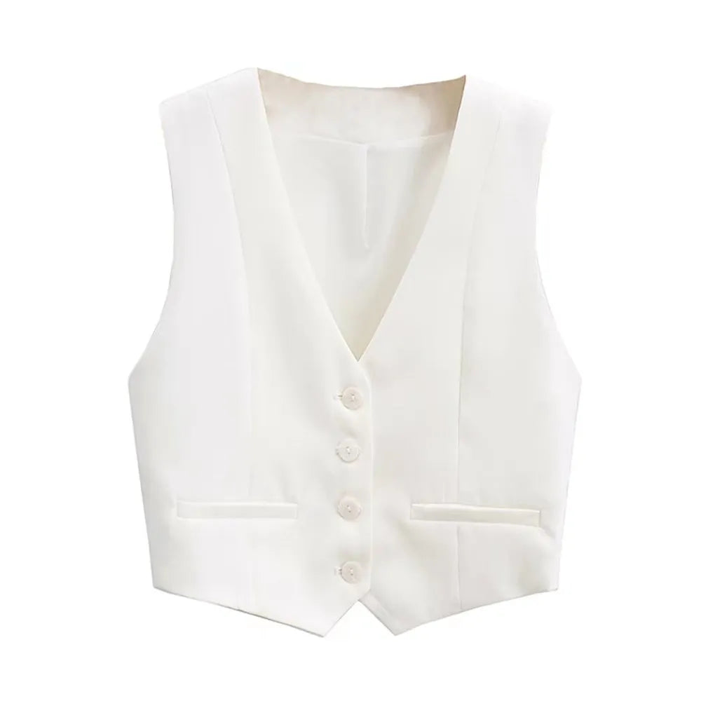 Women Front Button Cropped Waistcoat | Vintage V Neck Sleeveless Chic Top White