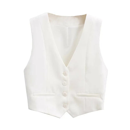 Women Front Button Cropped Waistcoat | Vintage V Neck Sleeveless Chic Top White