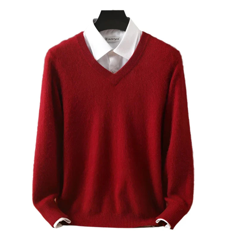 Men Cashmere V-Neck Pullover | Cashmere Knitted Sweater | Mink Winter Long Sleeve Top