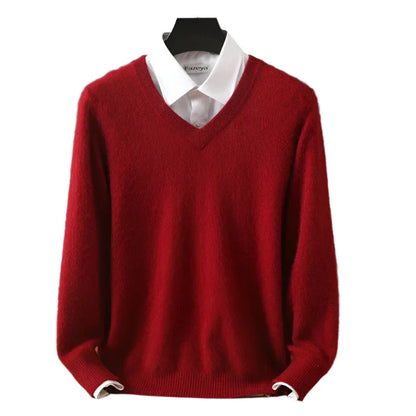 Men Cashmere V-Neck Pullover | Cashmere Knitted Sweater | Mink Winter Long Sleeve Top