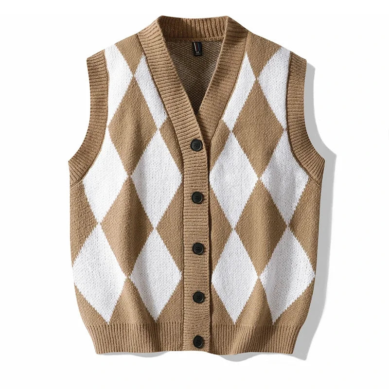 Men Plaid Sweater Vest | Sleeveless V-Neck Button Cardigan | Office Knitted Vest Khaki