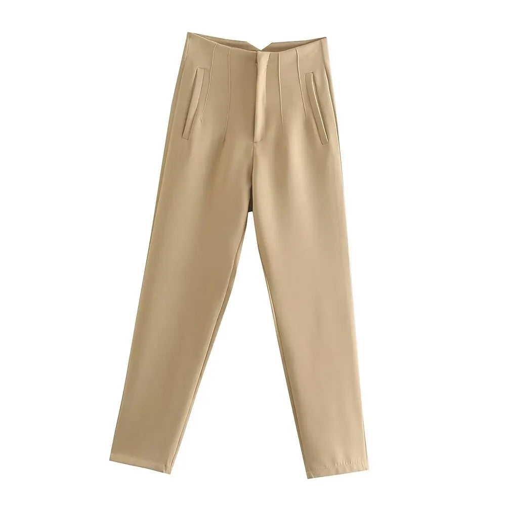 Women High Waisted Cropped Pants | Casual Office Pants Khaki