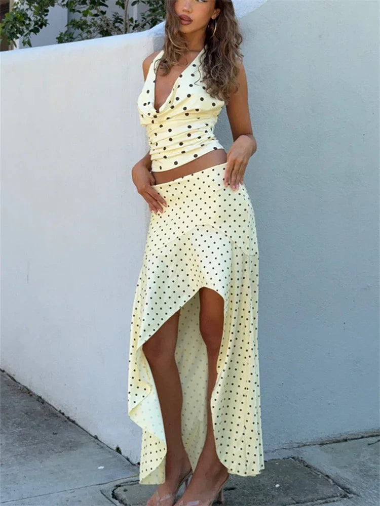 Women Polka Dot Set | V Neck | Sleeveless Top | High Waist Mini Skirt