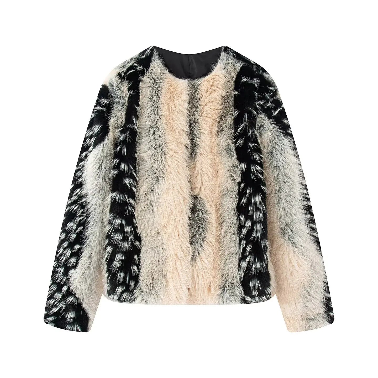 Women Fur Jacket | Short Coat | Elegant Fluffy Loose Jacket | Warm Long Sleeve Jackett | Fur Coat Beige - Black