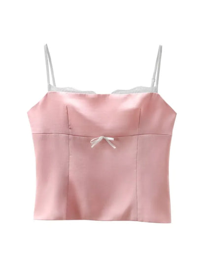 Women Lace Satin Camisole | Sleeveless Backless Silk Top | Silk Cheetah Print Crop Top Pink