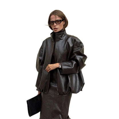 Woman Glossy Leather Two Piece Set | Leather Jacket | Straight Long Leather Skirt | Autumn | Stand Collar Zipper Jacket | Brown Jacket