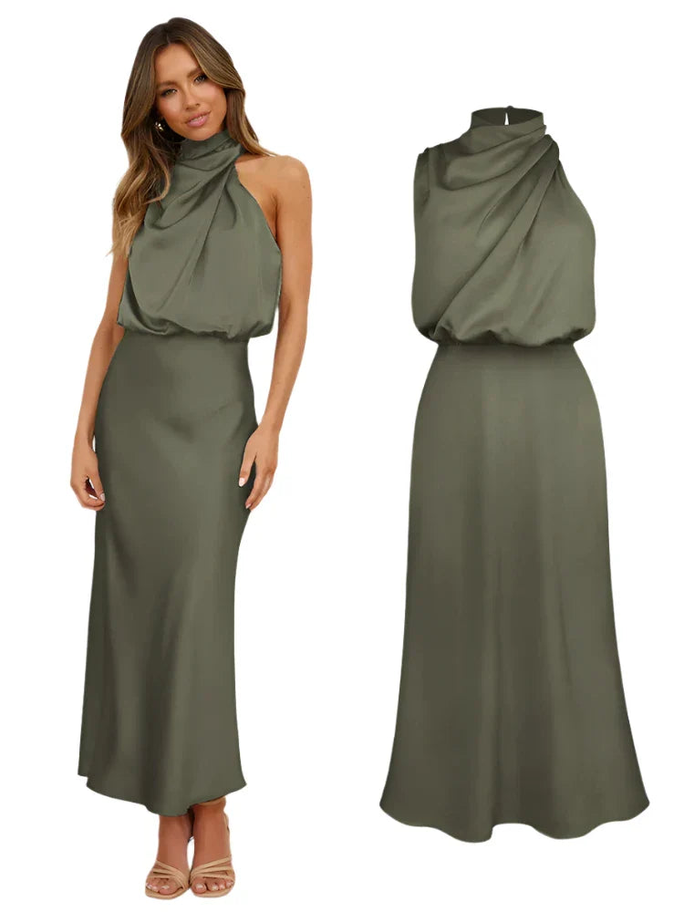 Women Satin Long Dress | Silk Sleeveless Evening Dress | Party Dress Army green
