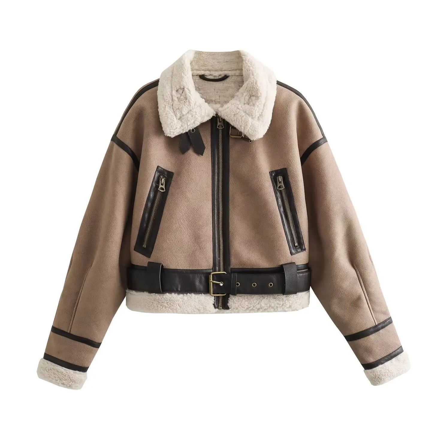 Women Short Leather Shearling Jacket | Cropped Leather Jacket Light Brown