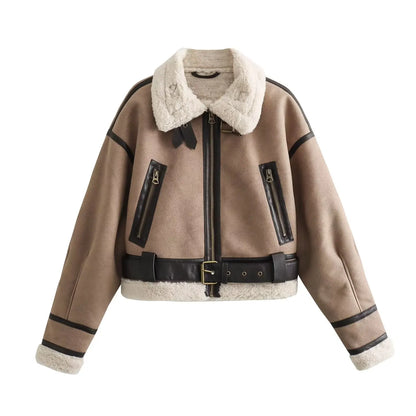 Women Short Leather Shearling Jacket | Cropped Leather Jacket Light Brown