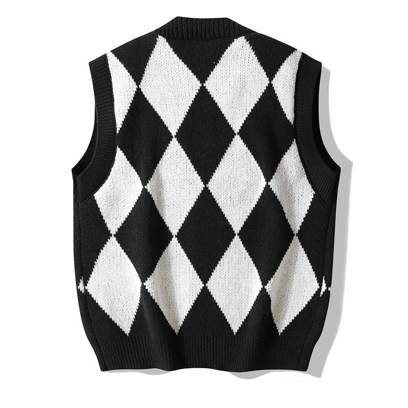 Men Plaid Sweater Vest | Sleeveless V-Neck Button Cardigan | Office Knitted Vest