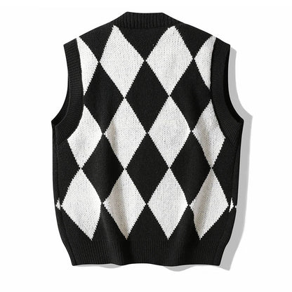 Men Plaid Sweater Vest | Sleeveless V-Neck Button Cardigan | Office Knitted Vest