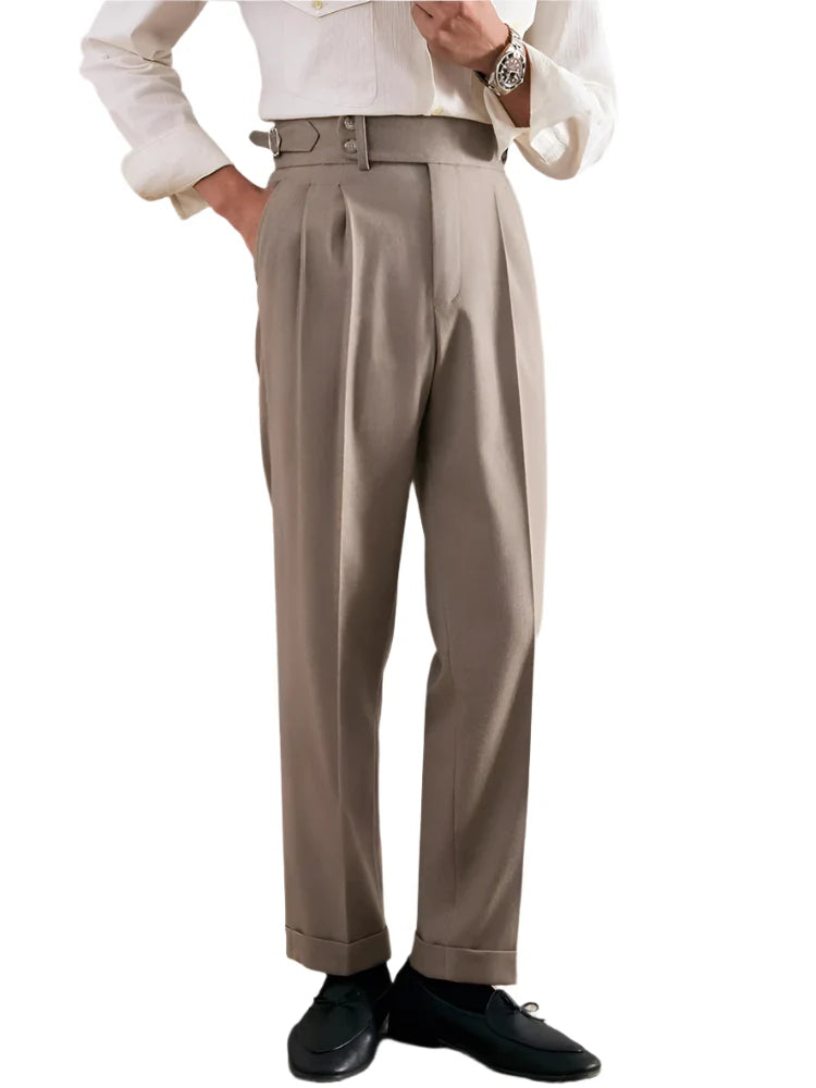 Men Naples Style Trousers | Vintage Belt Buttoned Suit Trousers | Casual Pants Khaki