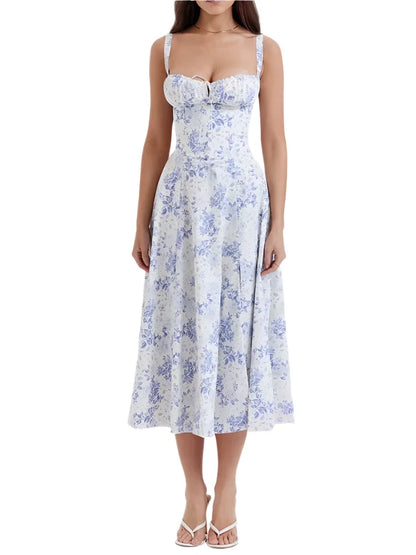 Women Casual Slit Floral Print Dress | Midi Summer Dress | Sundress | Holiday Dress blue