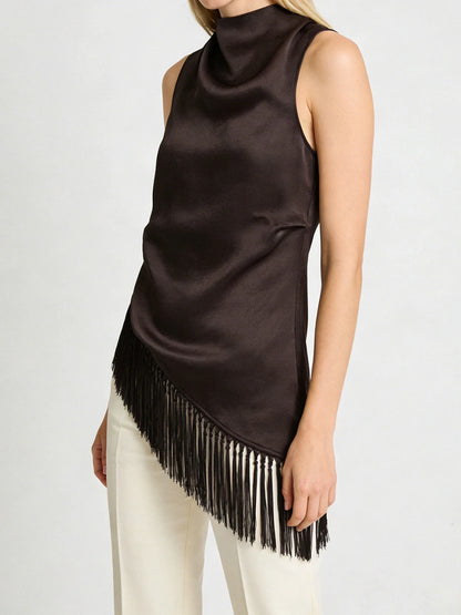 Women Summer Satin Tassel Hem Top | Brown | Sleeveless | High Neck | Long Tank Top