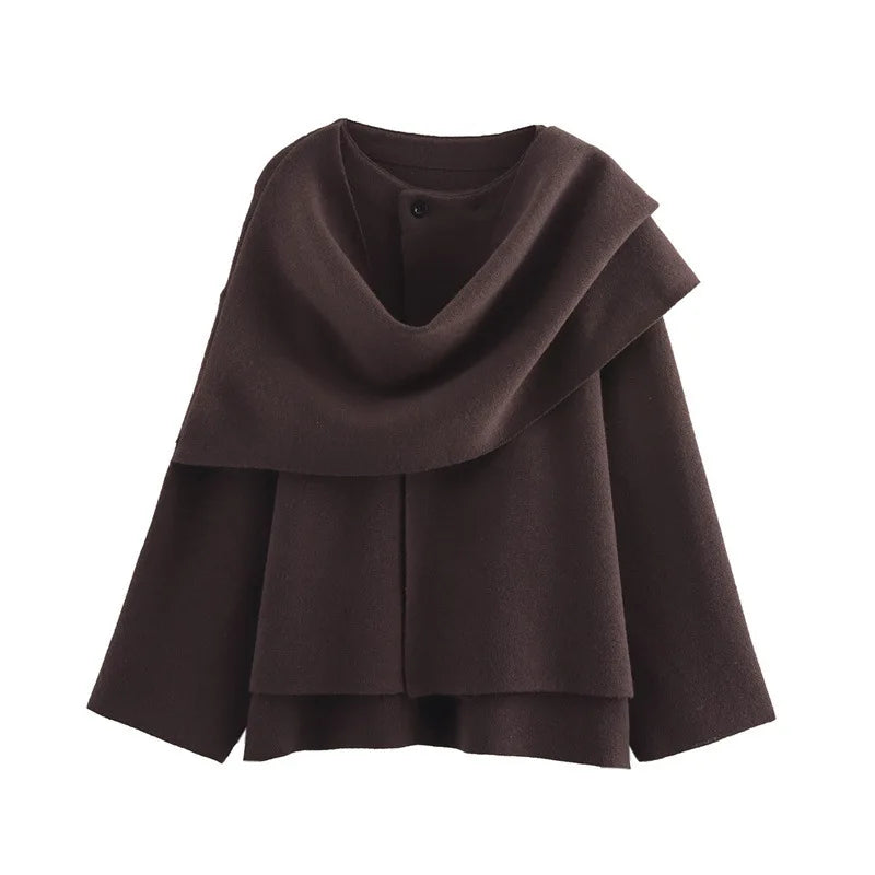 Women Asymmetric Scarf Short Knitted Jacket | Thick Chocolate