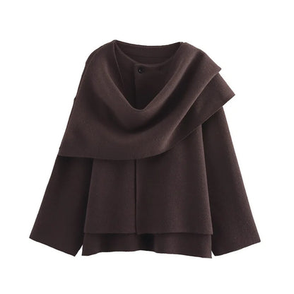 Women Asymmetric Scarf Short Knitted Jacket | Thick Chocolate