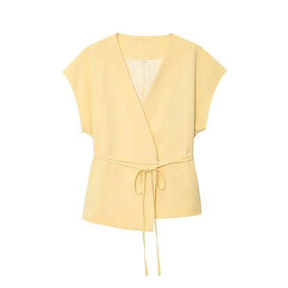 Women Sleeveless V-Neck Top With Belt Straight Pants Set | Top Trouser Suit | 2 Piece Set Yellow Top