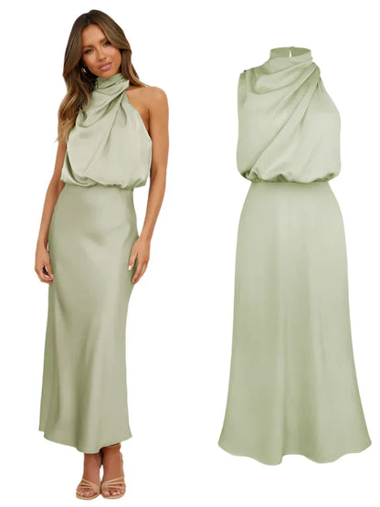 Women Satin Long Dress | Silk Sleeveless Evening Dress | Party Dress Light Green