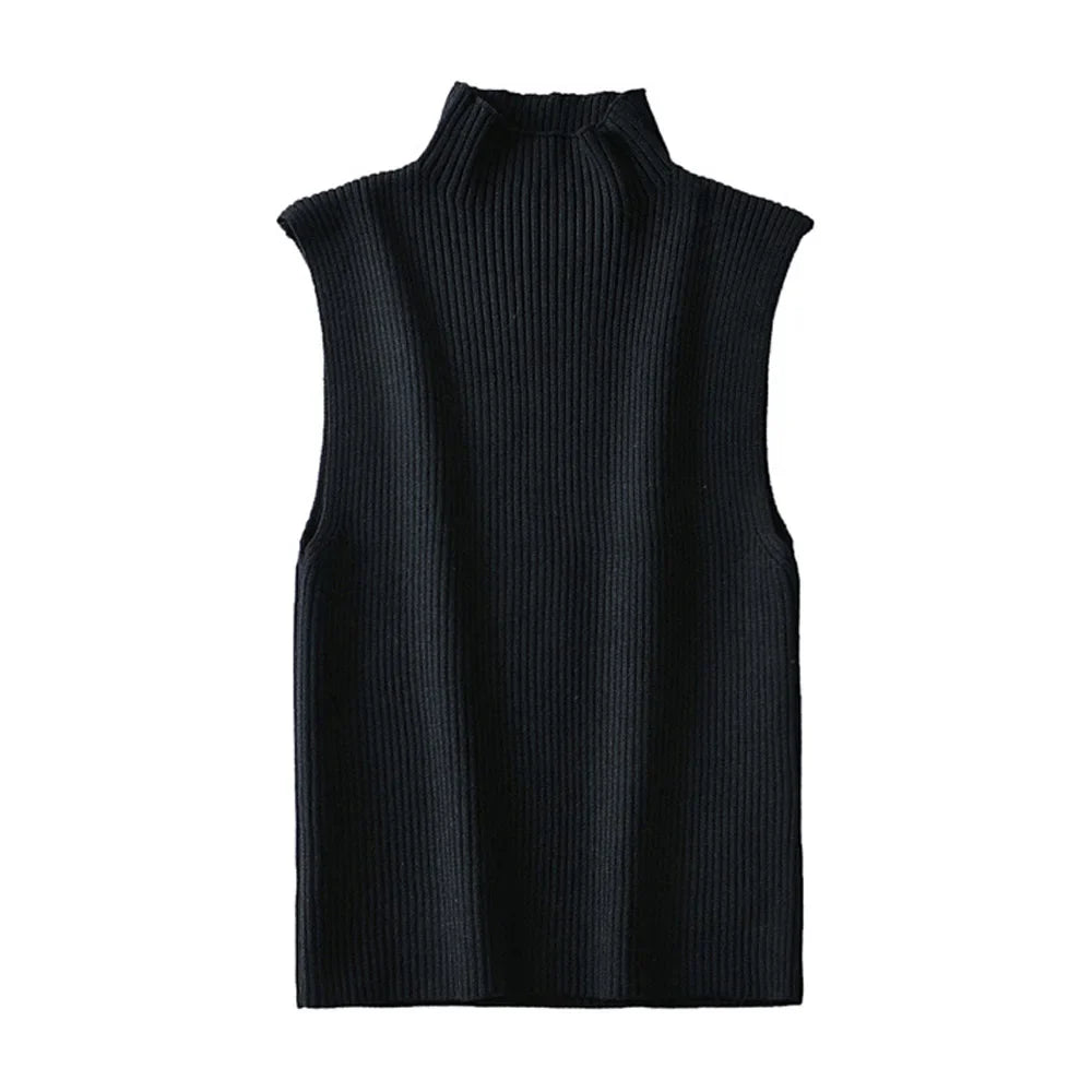 Women Knitted High Neck Top | Classic Ribbed Sleeveless Knit Top | Chic Vest Top Black