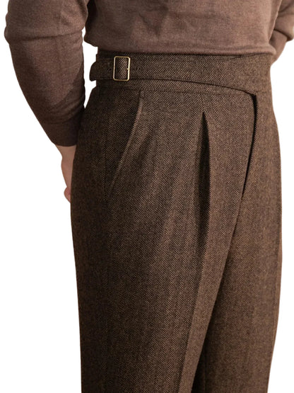 Men Vintage Wool Herringbone Pattern Pants | Casual | British | Warm | High Waist | Straight Pants