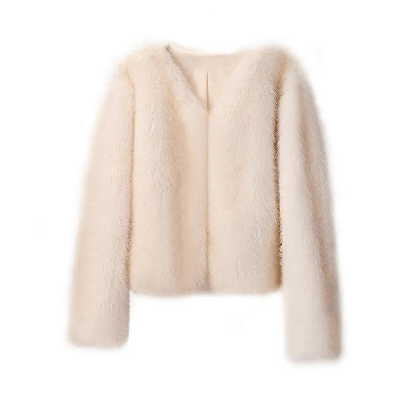 Women Vintage Warm Fluffy Cropped Fur Coat Beige