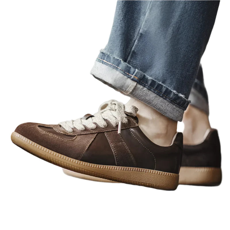 Men Classic Brown Spliced German Trainer Shoes | Flat Low-Top Sneakers | Casual Lace-up Shoes