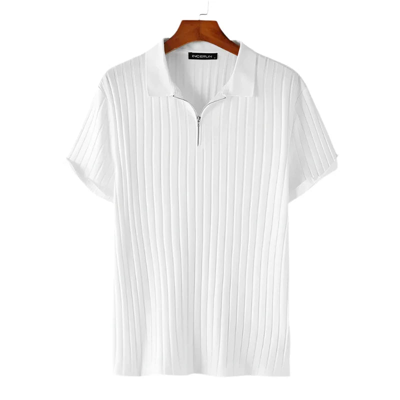 Men Casual Zipper Knitted Shirt | Summer Breathable Lapel Short Sleeve White