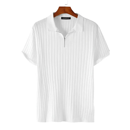 Men Casual Zipper Knitted Shirt | Summer Breathable Lapel Short Sleeve White