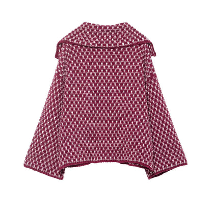 Women Oversized Knitted Jacket | Large Collar | Street Style | Geometric Pattern