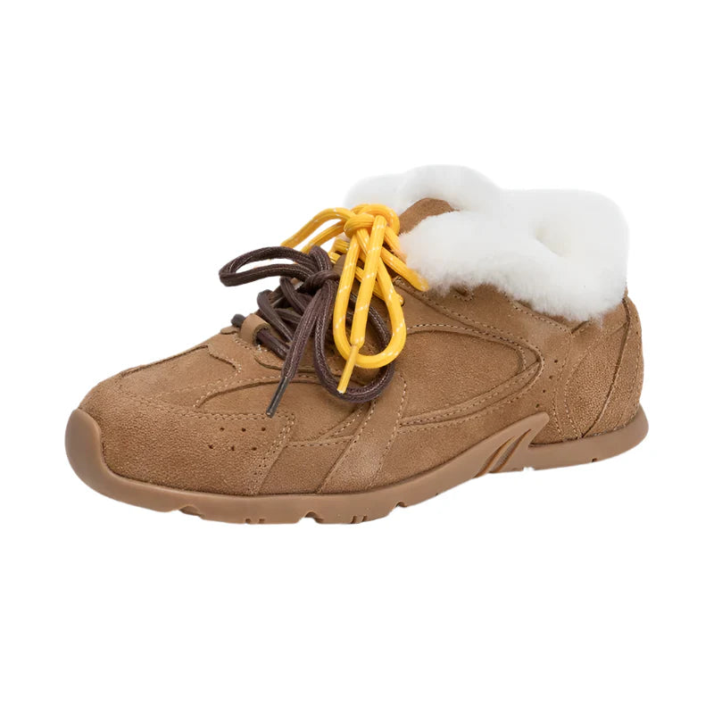 Women Genuine Leather Fur Training Shoes | Winter Velvet Fur Sneakers Brown fluff