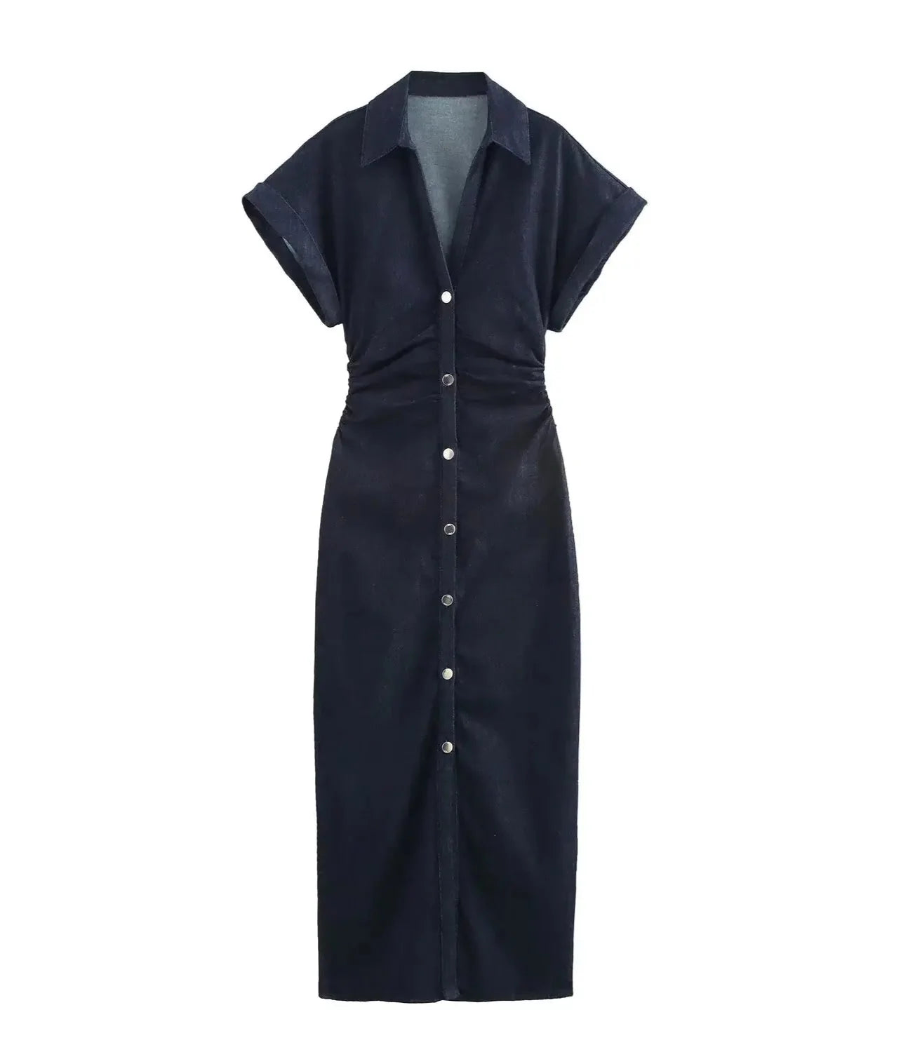 Women Denim Midi Dress | Ruched Waist | Fitted Dress Navy Blue