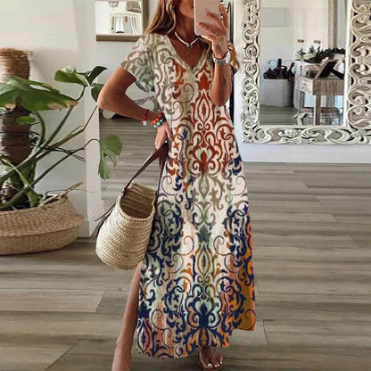 Zara | Women's Boho Print Maxi Dress V-Neck Short Sleeve Split