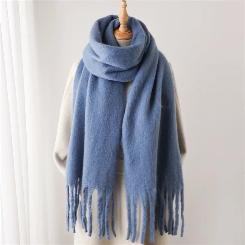 Women Warm Winter Cashmere Scarf | Thick Soft Tassel Shawl | Long Poncho | Echarpe | Pashmina Blue 2