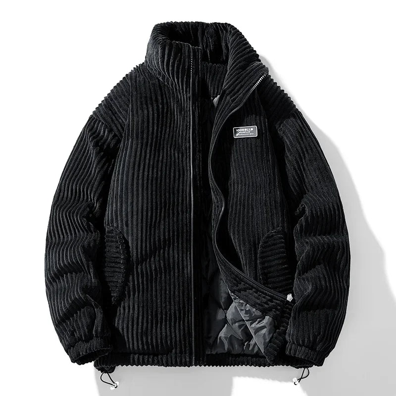 Men Corduroy Puffer Jacket | Windbreaker Jacket | Padded Stand Collar Coat Black