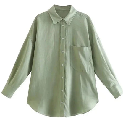 Women Vintage Oversized Linen Button Up Shirt | Chic Long Sleeves Blouse Top Pale Green