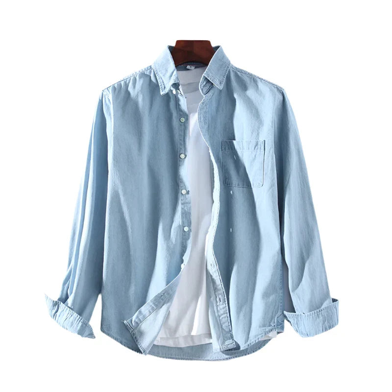 Men Denim Shirt | Long Sleeve Shirt | Lapel Pocket | Daily Casual Pure Cotton Shirt Light blue