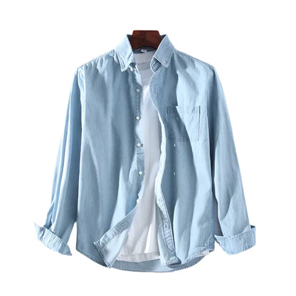 Men Denim Shirt | Long Sleeve Shirt | Lapel Pocket | Daily Casual Pure Cotton Shirt Light blue