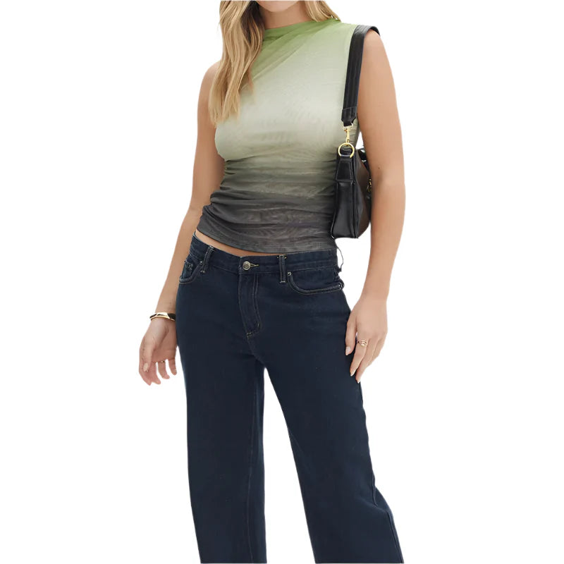 Women Casual Sleeveless Round Neck Chiffon Blouse | Chic Shirt Blouse | Summer Fitted Top Green Black
