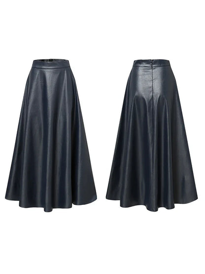 Women Black Midi Leather Skirt | High Waisted Party Skirt | Solid Office Skirt