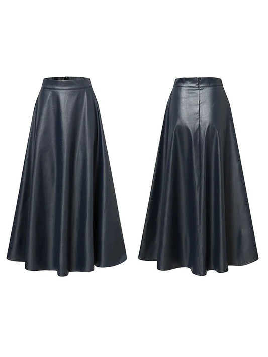 Women Black Midi Leather Skirt | High Waisted Party Skirt | Solid Office Skirt
