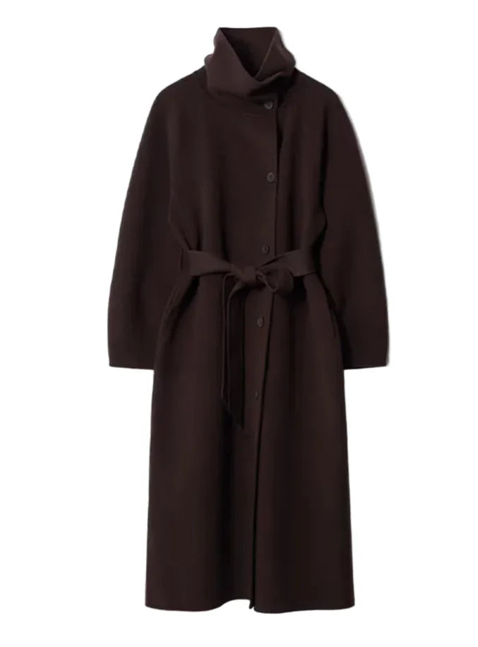 Women Long Cotton Coat | Stand Collar | Single Breasted Coat With Belt brown